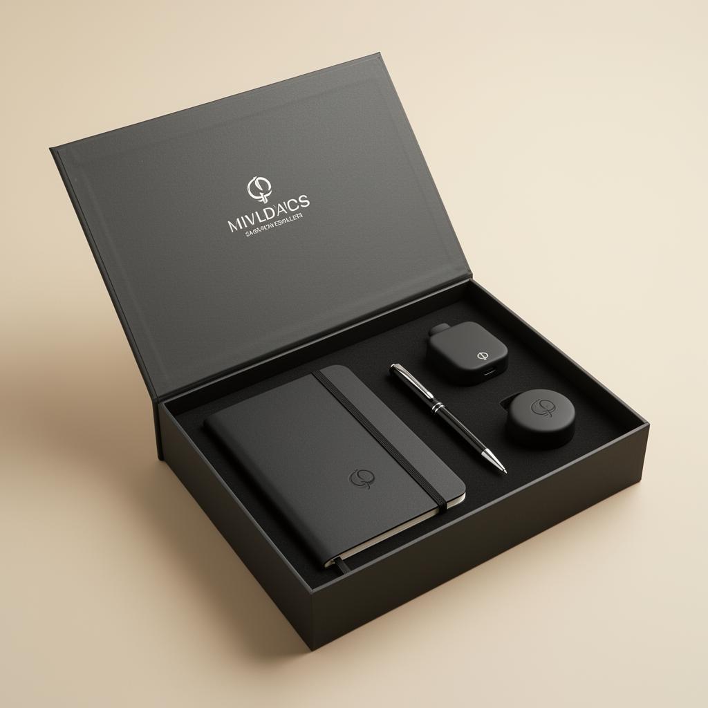 Premium op maat gemaakte giftbox met een gepersonaliseerd notitieboek, pen en accessoires